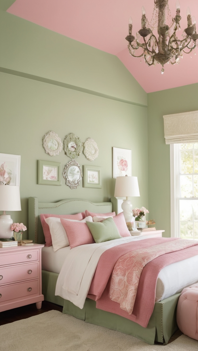 sage green bedroom decor, pink and green room, sage green bedding, pastel green bedroom, pink and green room decor