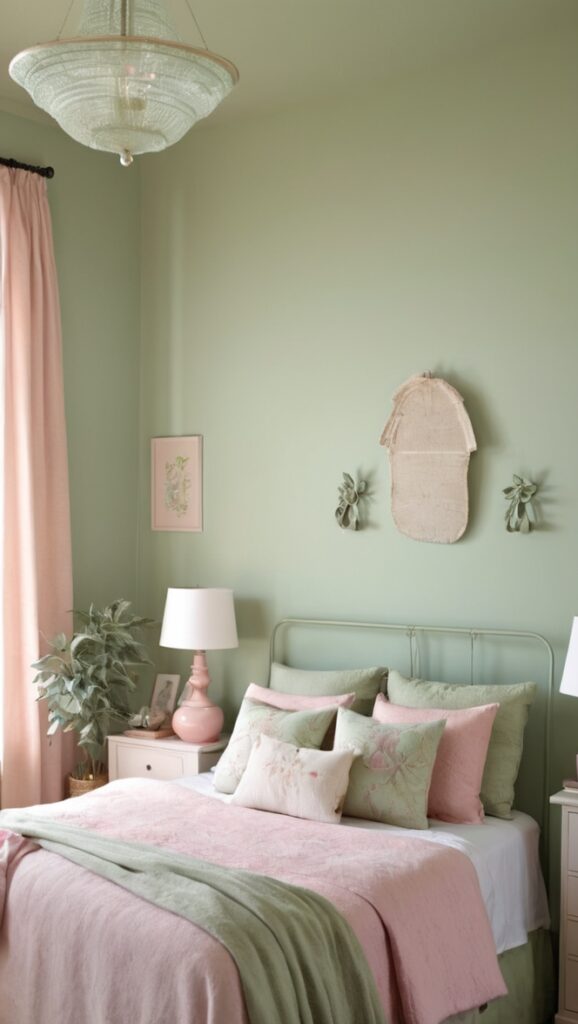 sage green bedroom decor, pink and green room, sage green bedding, pastel green bedroom, pink and green room decor