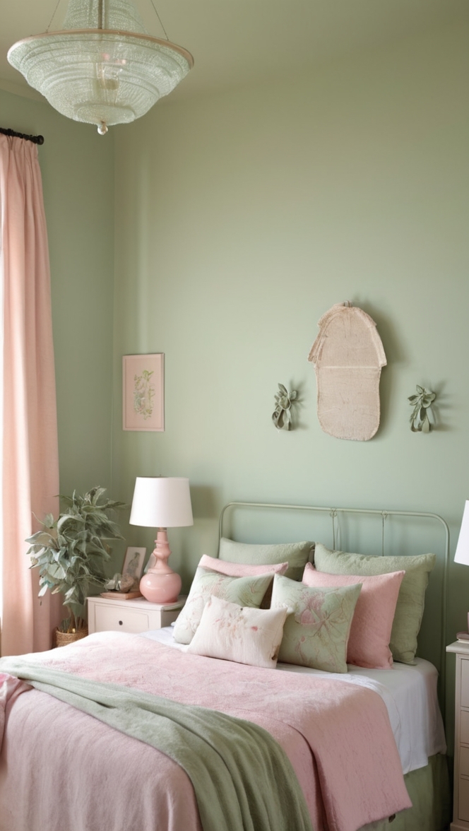sage green bedroom decor, pink and green room, sage green bedding, pastel green bedroom, pink and green room decor 