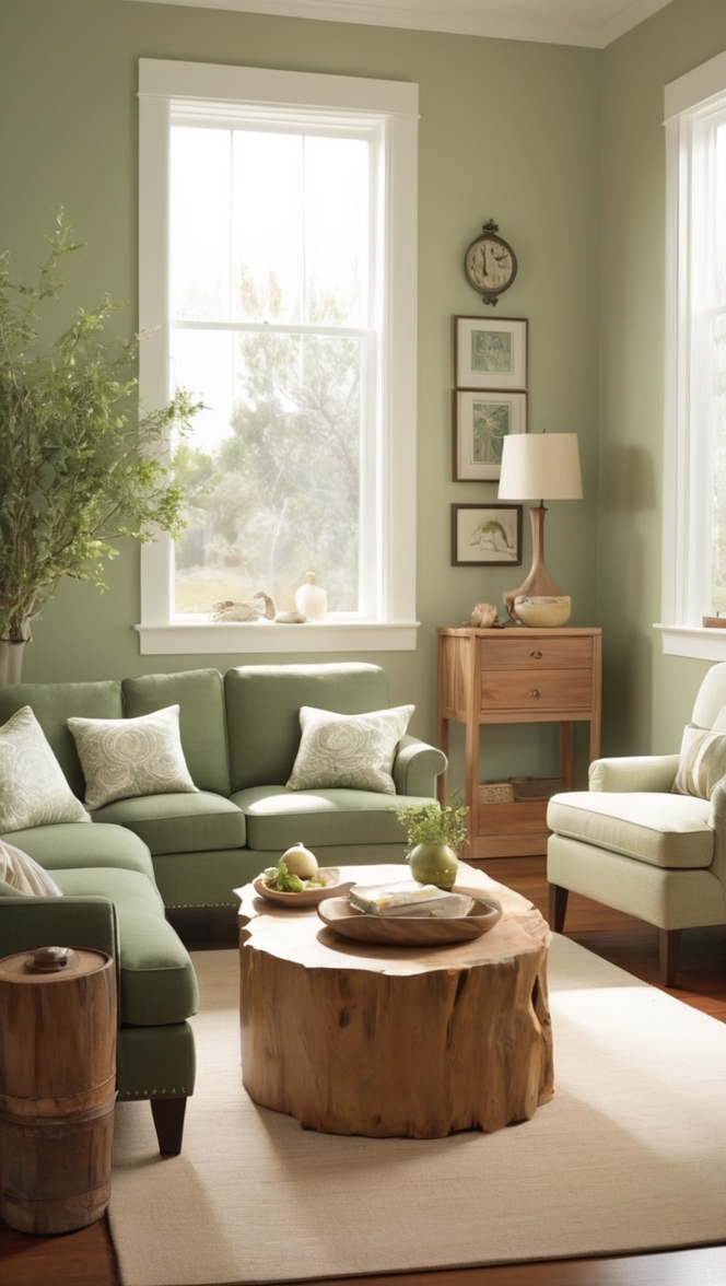 sage green sofa, rustic wood furniture, elegant living room decor, farmhouse style, natural color palette