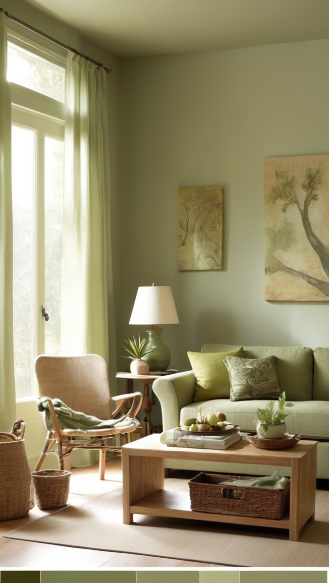 sage green sofa, rustic wood furniture, elegant living room decor, farmhouse style, natural color palette 