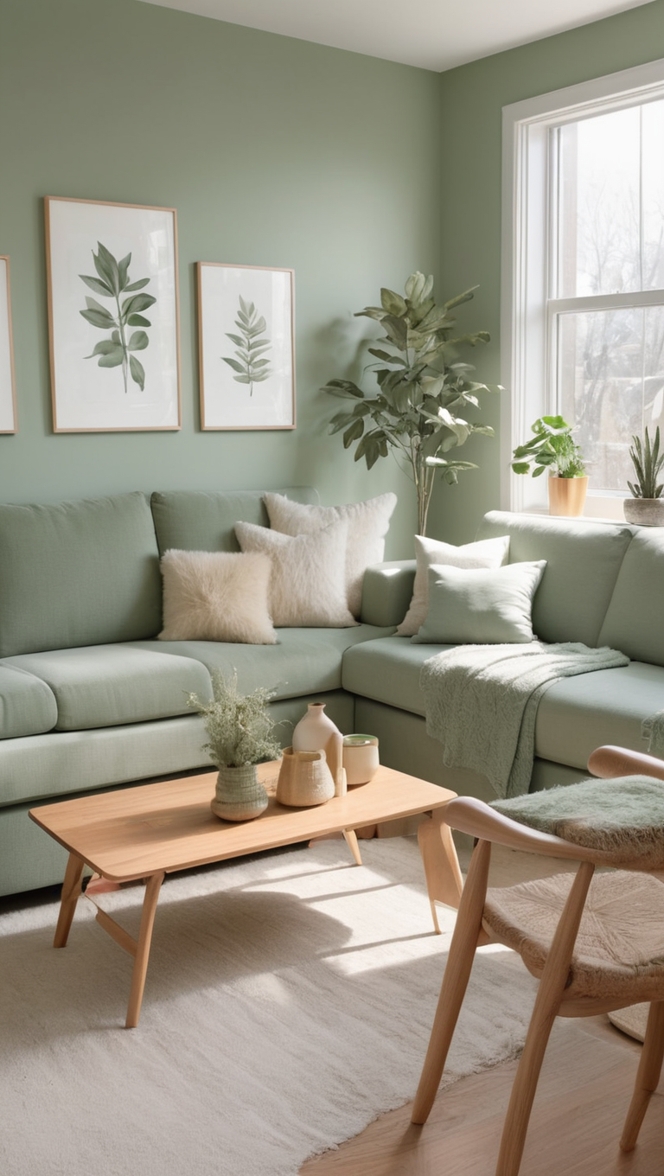 sage green living room decor, green apartment design, modern sage green interior, elegant sage green space, cozy apartment aesthetic