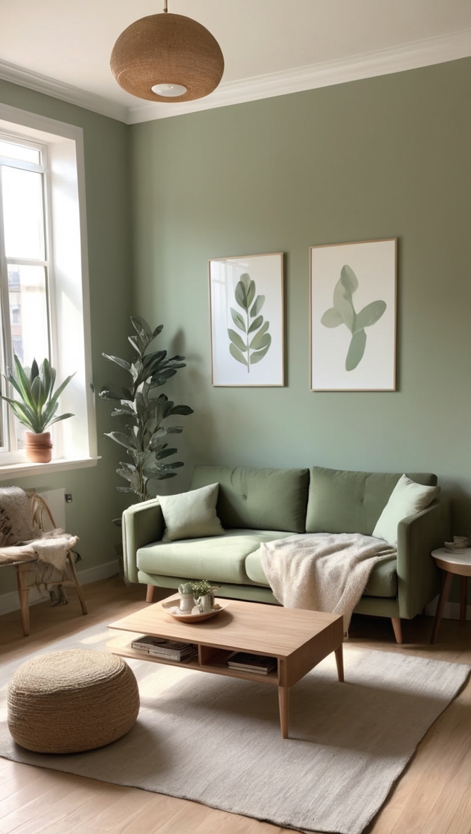 sage green living room decor, green apartment design, modern sage green interior, elegant sage green space, cozy apartment aesthetic 