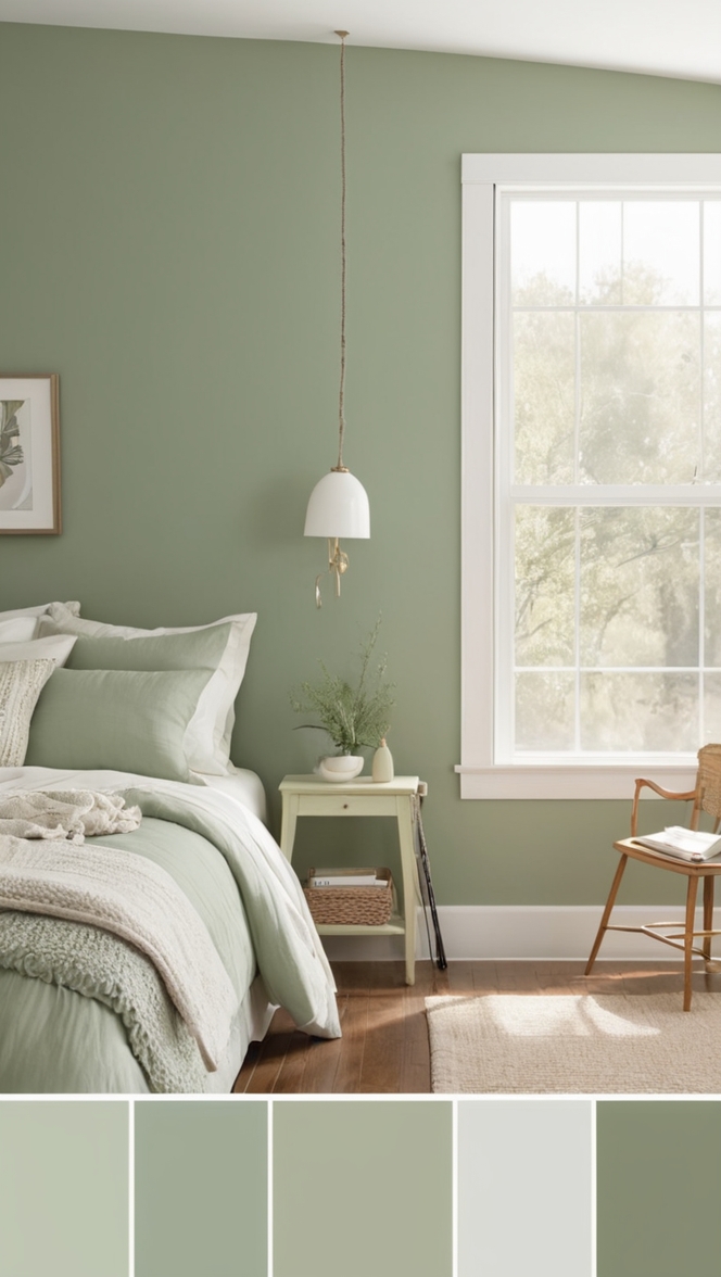 sage green comforter, green bedroom decor, sage green wall paint, cozy bedroom design, soothing bedroom color palette
