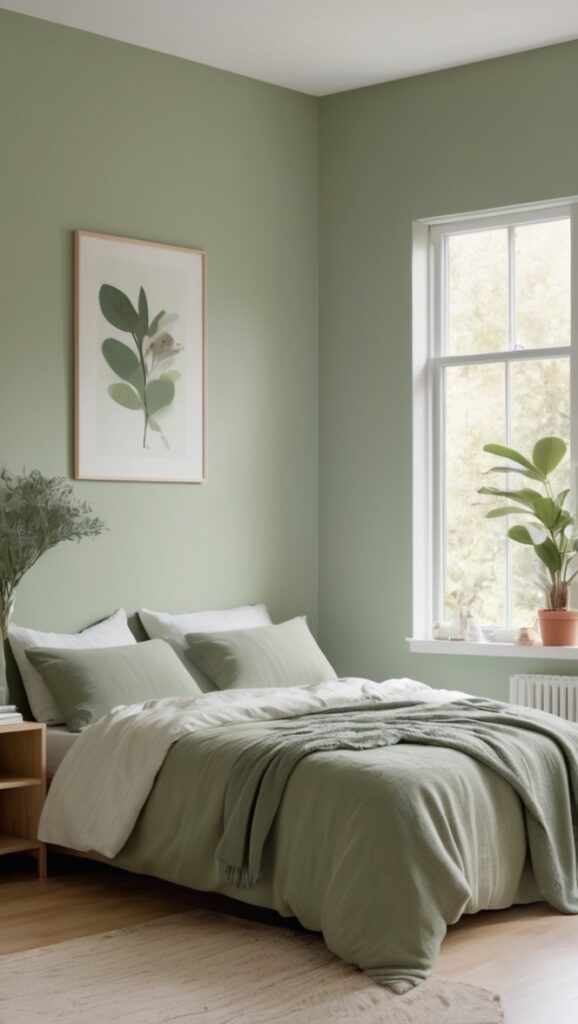 sage green comforter, green bedroom decor, sage green wall paint, cozy bedroom design, soothing bedroom color palette