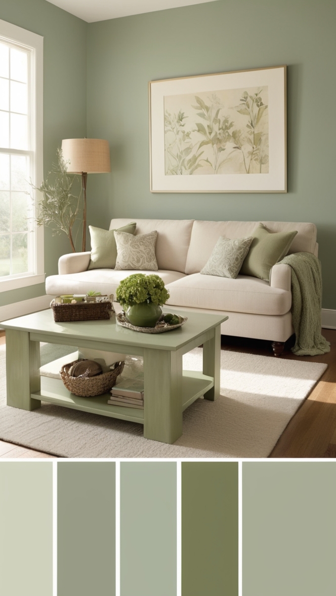 sage green decor, green living room ideas, sage green walls, sage green furniture, green home accessories